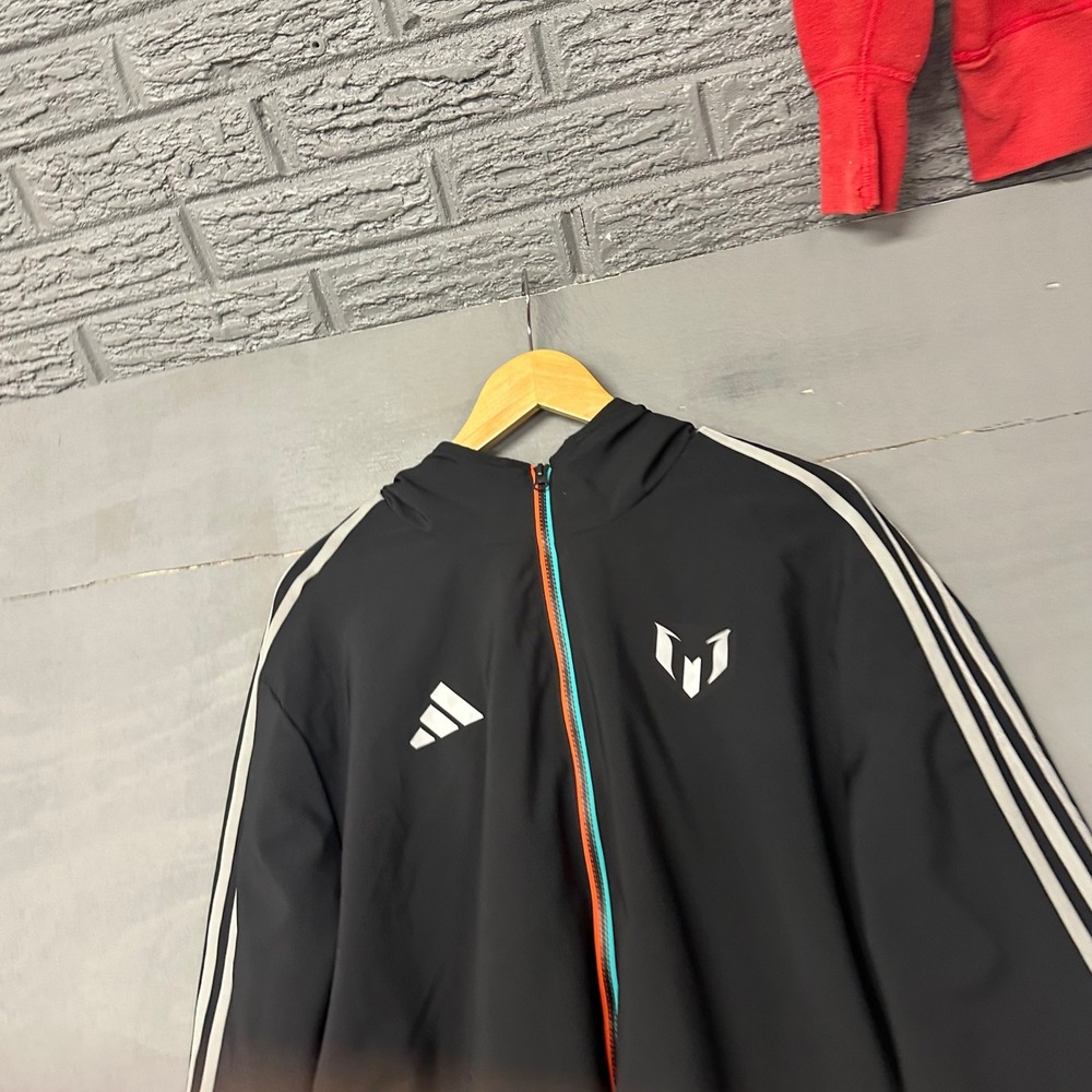 Adidas Messi Training Jacket Mens XL Black Full Zip Hooded‎ Windbreaker Stripe
